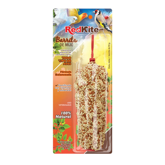 Empaque de barrita de mijo RedKite para aves, fortificada con vitaminas y minerales.