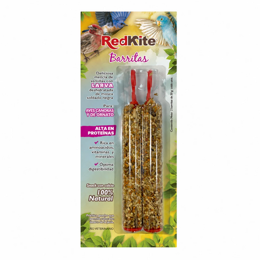 Barritas RedKite para aves canoras y de ornato en su empaque original, con larva deshidratada de mosca soldado negra y contenido de 2 barras de 30 g cada una, sobre fondo blanco.