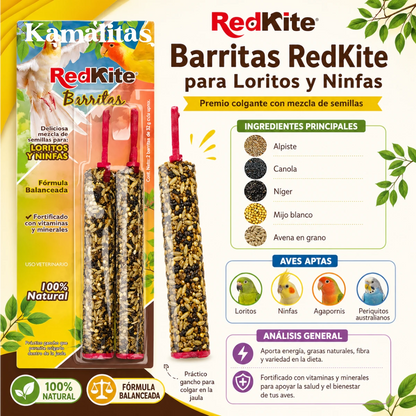 Infografía de Barritas RedKite para loritos y ninfas con mezcla de semillas, alpiste, canola, níger, mijo blanco, avena en grano, vitaminas y minerales.