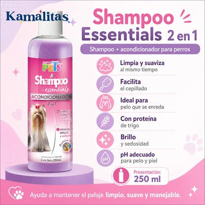 Infografía de Shampoo Essentials 2 en 1 Fancy Pets para perros, con beneficios de limpieza, suavidad, brillo, proteína de trigo y pH adecuado.