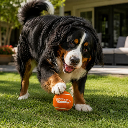 Perro bernés jugando de forma segura con una pelota Sunny
