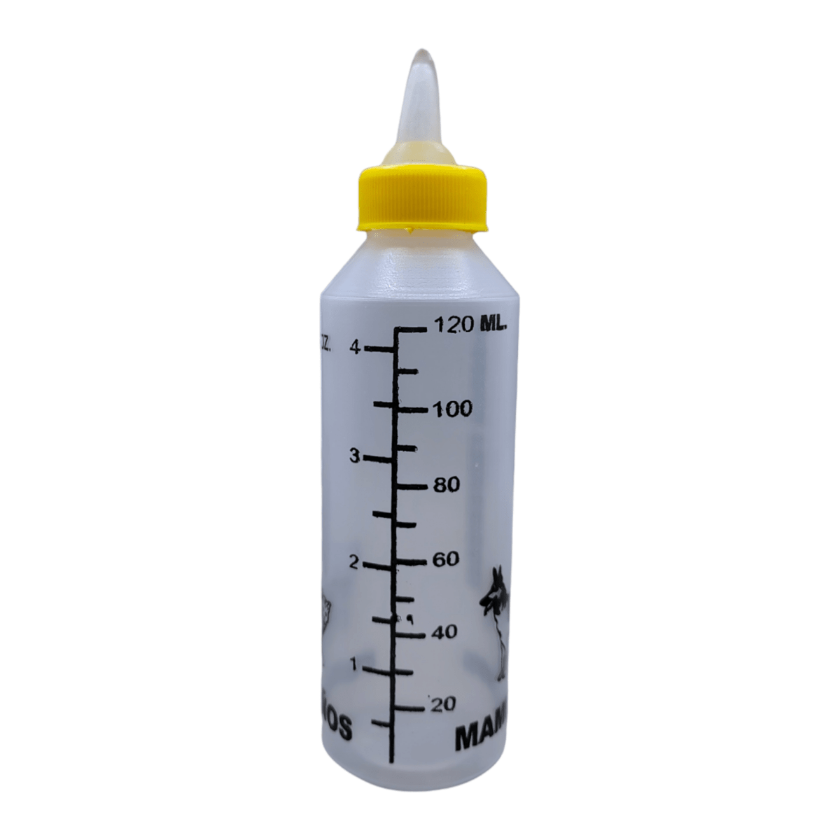 Biberón de 120ml con chupón de silicona para alimentar gatitos, cachorros y pequeños mamíferos recién nacidos.
