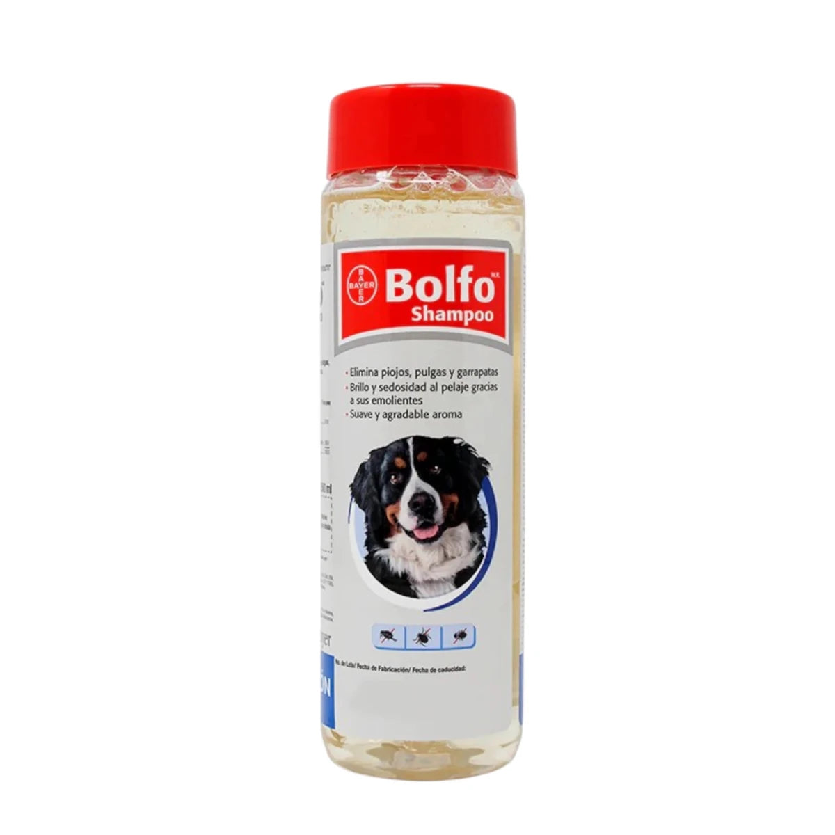 nvase de Bolfo Shampoo antipulgas de 350ml para perros y gatos, ideal para eliminar garrapatas, piojos y pulgas mientras deja el pelaje suave y con aroma agradable.