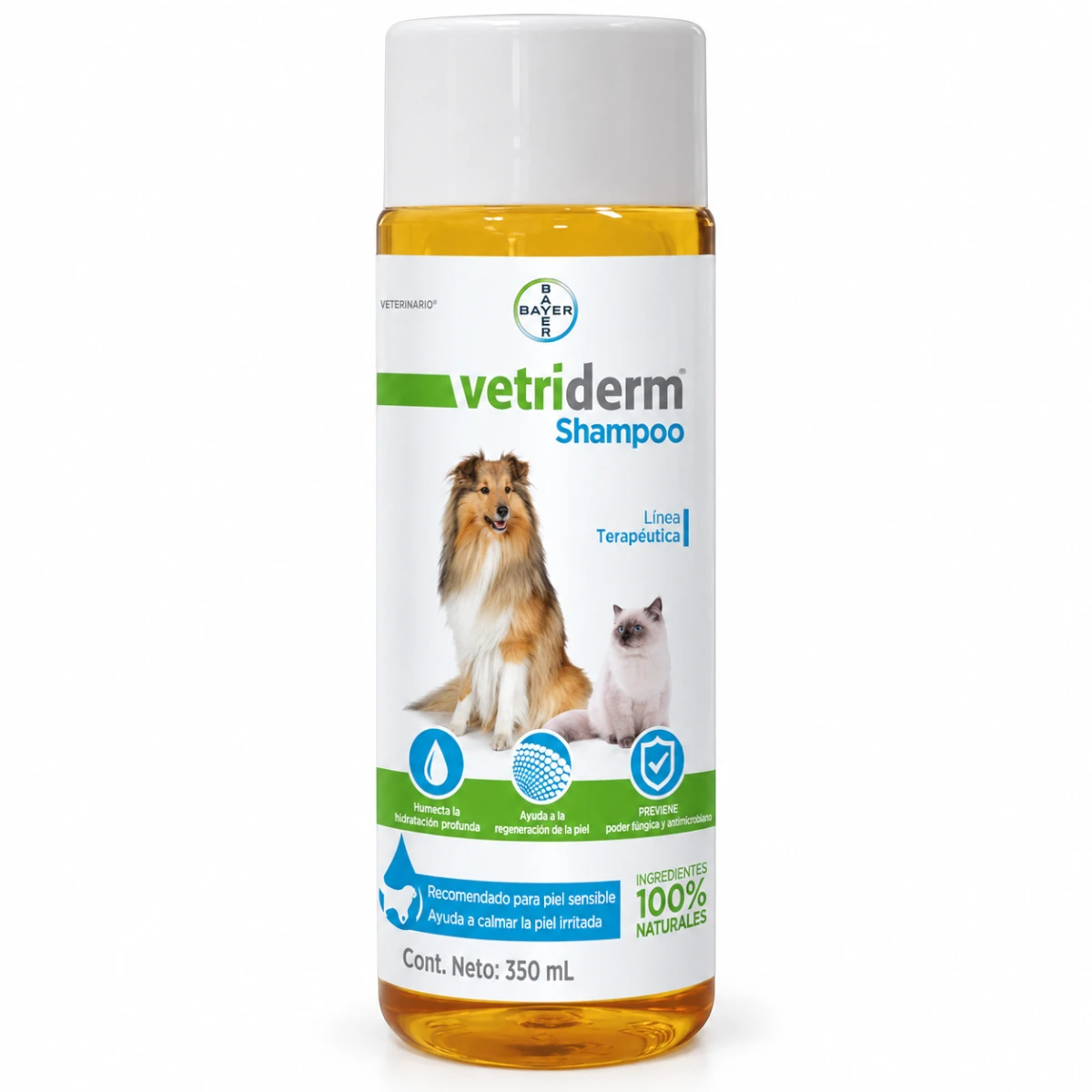 Vetriderm Shampoo 350 mL para perros y gatos, vista principal del envase sobre fondo blanco.