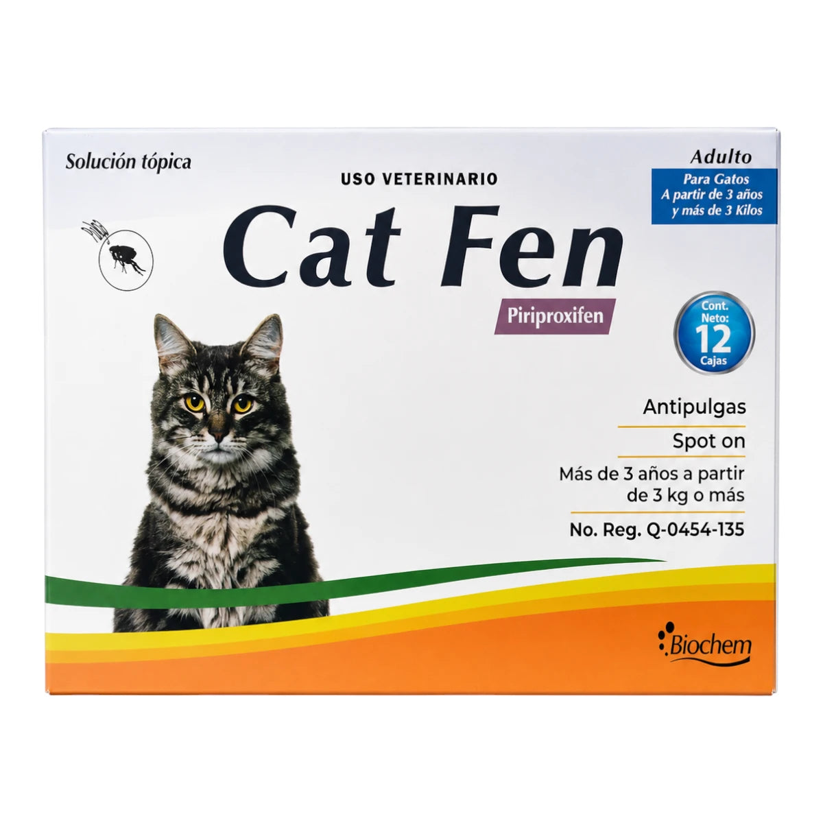 Vista frontal de la caja de Cat fen de Laboratorio Biochem con 12 pipetas, solución tópica antipulgas spot on con Piriproxifen para gatos adultos de más de 3 años y más de 3 kilos.