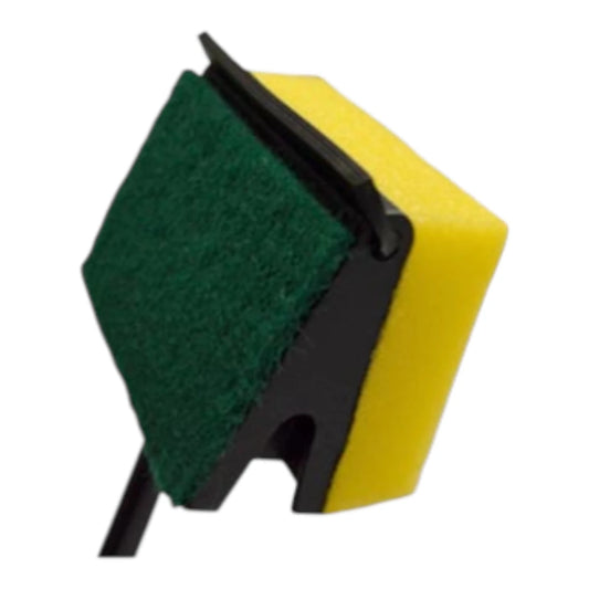 Detalle del cabezal de limpieza con esponja amarilla, fibra verde y jalador de plástico para remover algas sin rayar el vidrio.