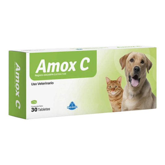 Caja de Amox C Tabletas, antibiótico oral con amoxicilina y ácido clavulánico para tratar infecciones bacterianas en perros y gatos.