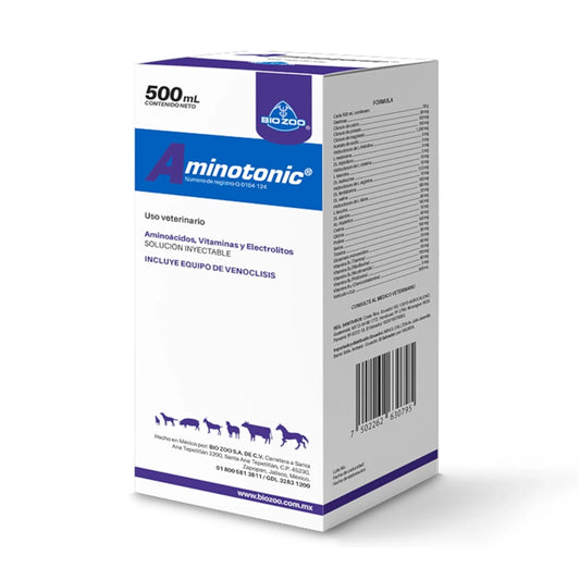 Caja de Aminotonic de 500 ml, suplemento rehidratante con dextrosa, aminoácidos y vitaminas B para bovinos, equinos y mascotas.