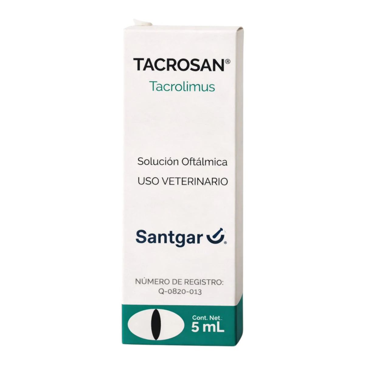 Caja de Tacrosan solución oftálmica de 5 ml, tratamiento con tacrolimus para queratoconjuntivitis y síndrome de ojo seco en animales.