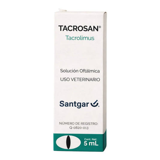 Caja de Tacrosan solución oftálmica de 5 ml, tratamiento con tacrolimus para queratoconjuntivitis y síndrome de ojo seco en animales.