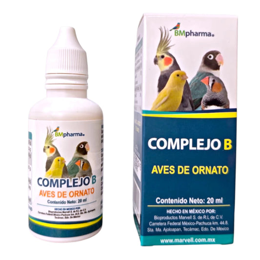 Frasco y caja de Complejo B para aves de ornato de BMpharma, suplemento vitamínico líquido para mejorar el sistema nervioso y metabolismo.