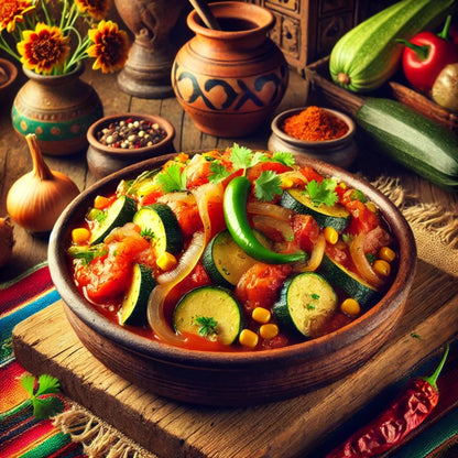 Plato de calabacitas a la mexicana con jitomate, cebolla y elote, mostrando el uso tradicional de la calabaza larga en la cocina casera.