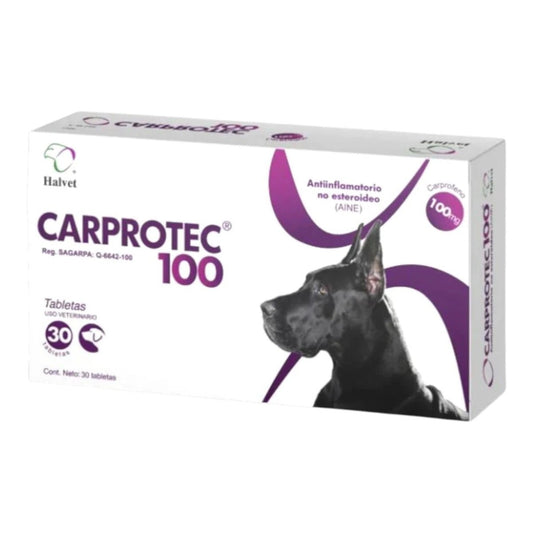Caja de Carprotec 100mg, medicamento antiinflamatorio oral para perros con dolor articular o postoperatorio.