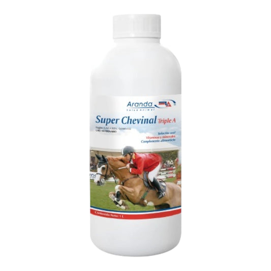 Envase de Chevinal Super AAA, complemento vitamínico y mineral para el rendimiento óptimo de caballos de carreras y competencia.
