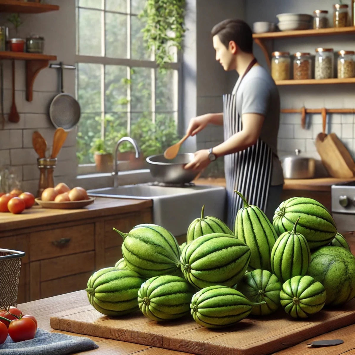 Chilacayotes frescos en primer plano mientras un hombre cocina en una cocina hogareña con grifo visible