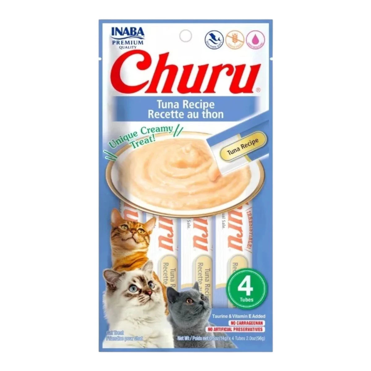 Empaque de Churu para gatos sabor atún, presentación de 4 tubos con snack cremoso para premio o topping.
