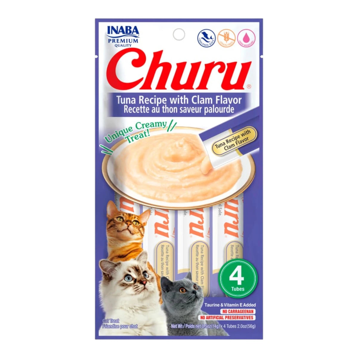 Empaque de Churu para gatos sabor atún con almeja, presentación de 4 tubos de snack cremoso para premio o topping.
