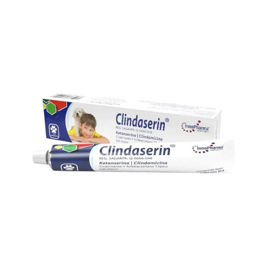 Envase de Clindaserin gel tópico con ketanserina y clindamicina, cicatrizante antibacteriano para heridas en perros, gatos y otros animales