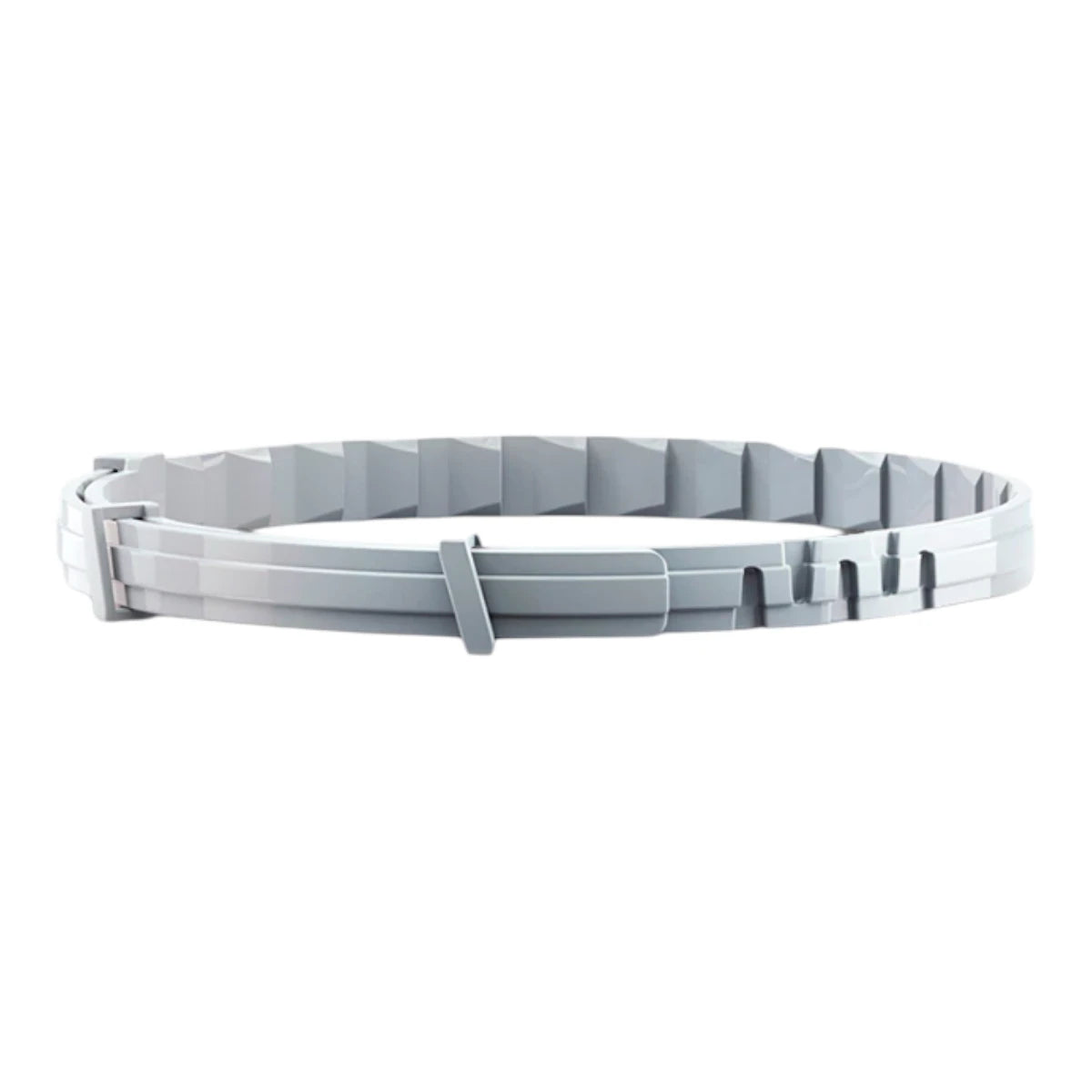Collar Seresto original de color gris con broches de seguridad, extendido para mostrar su diseño flexible y resistente contra pulgas y garrapatas.