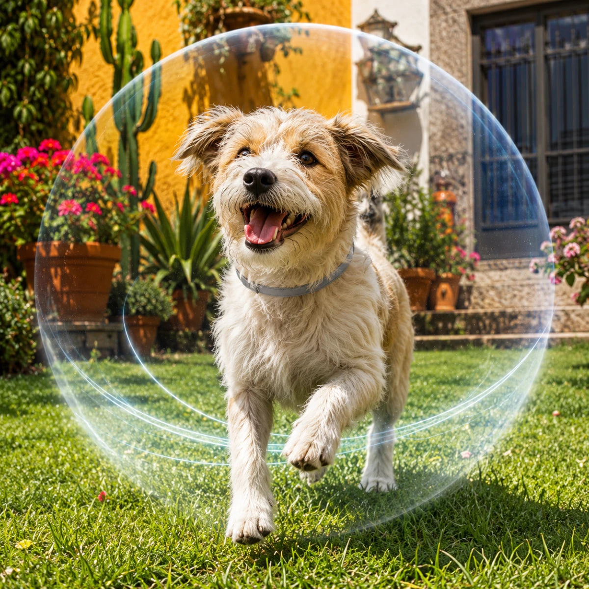 Perro jugando en un jardín de una casa mexicana usando collar Seresto de Elanco, representado dentro de una burbuja protectora contra pulgas y garrapatas.