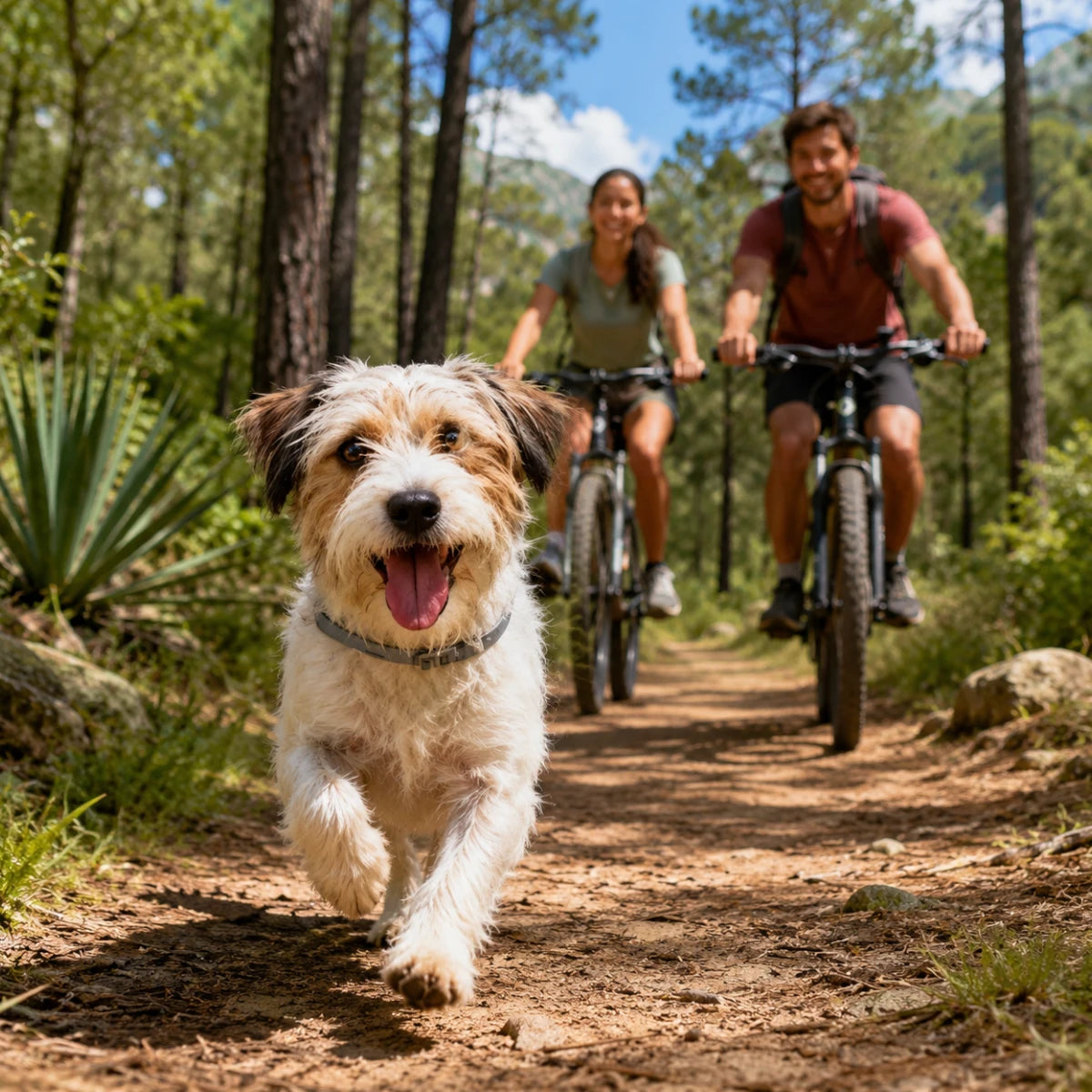 Perro mediano corriendo feliz por un bosque protegido contra pulgas y garrapatas con el collar Seresto de Elanco, mientras una pareja joven lo acompaña en bicicleta al fondo.