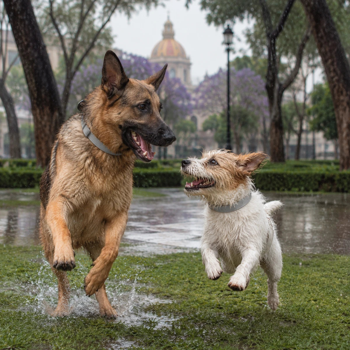 Perro de raza grande y perro de raza pequeña jugando en un parque de ciudad en México bajo la lluvia, ambos usando la proteccion contra pulgas y garrapatas de  Seresto de Elanco.