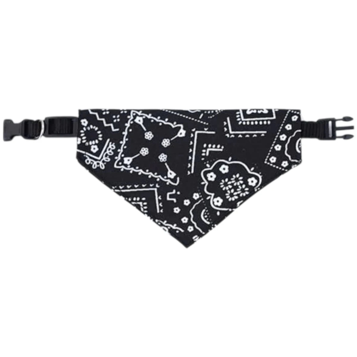 Bandana negra con detalles blancos, integrada a un collar para perros o gato