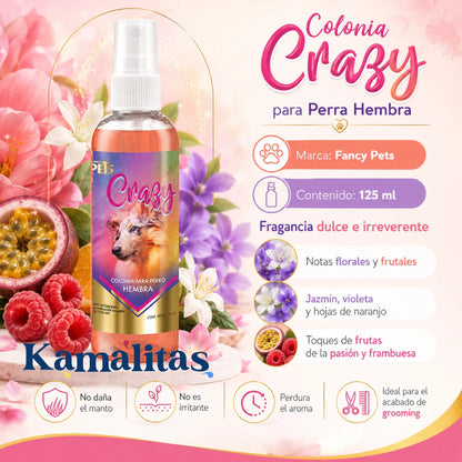 Infografía de Colonia Crazy Fancy Pets para perra hembra de 125 ml con fragancia floral y frutal, notas de jazmín, violeta, naranjo, fruta de la pasión y frambuesa.