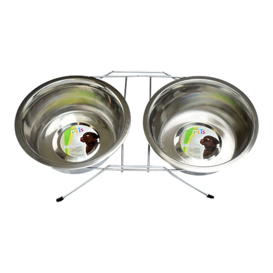 Comedero doble de acero inoxidable con dos platos para agua y alimento, montado en base metálica antiderrapante