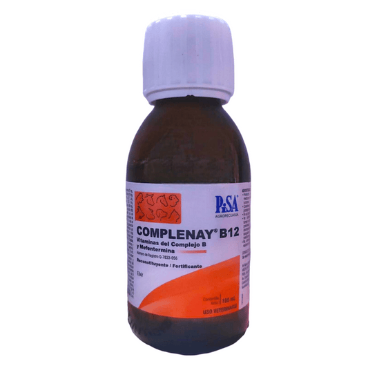 Envase de Complenay B12, un elíxir multivitamínico para aves, ganado, perros y gatos. Ayuda a mejorar la recuperación, energía y respuesta al estrés.