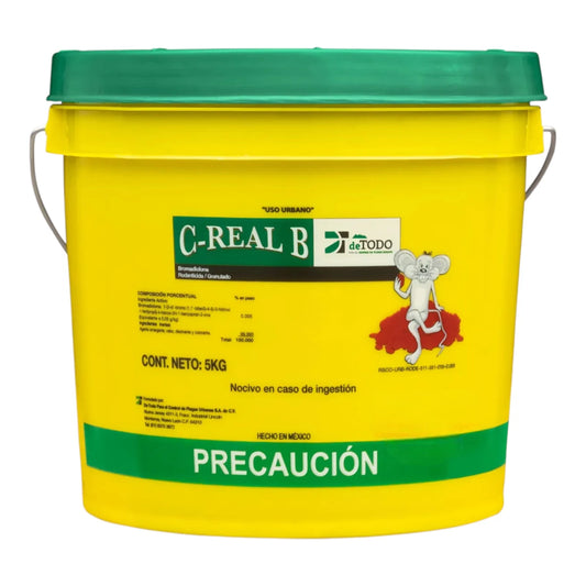 Cubeta amarilla de 5kg de raticida C-Real B granulado para control de plagas profesional en hogares y negocios.