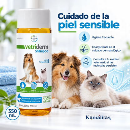 Vetriderm Shampoo 350 mL junto a un perro y un gato, con indicaciones de higiene frecuente, apoyo dermatológico y consulta veterinaria.