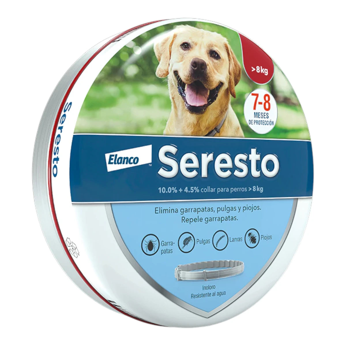 Empaque original metálico de Seresto de Elanco para perros mayores de 8 kg, mostrando los sellos de autenticidad del producto.