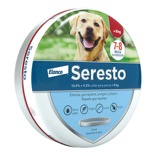 Empaque original metálico de Seresto de Elanco para perros mayores de 8 kg, mostrando los sellos de autenticidad del producto.