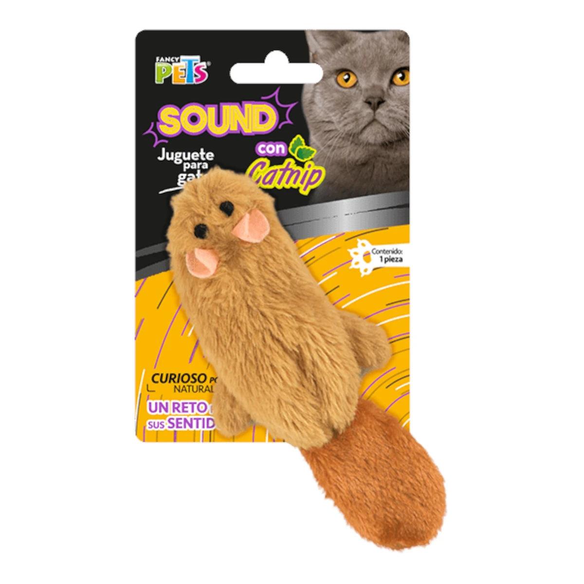 Juguete de peluche en forma de ardilla marrón sin relleno modelo Skin Ardilla Sound de la marca Fancy Pets para gatos, en Kamalitas.