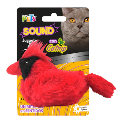 Juguete de peluche para gato marca Fancy Pets en forma de cardenal rojo de 13 cm con diseño realista.