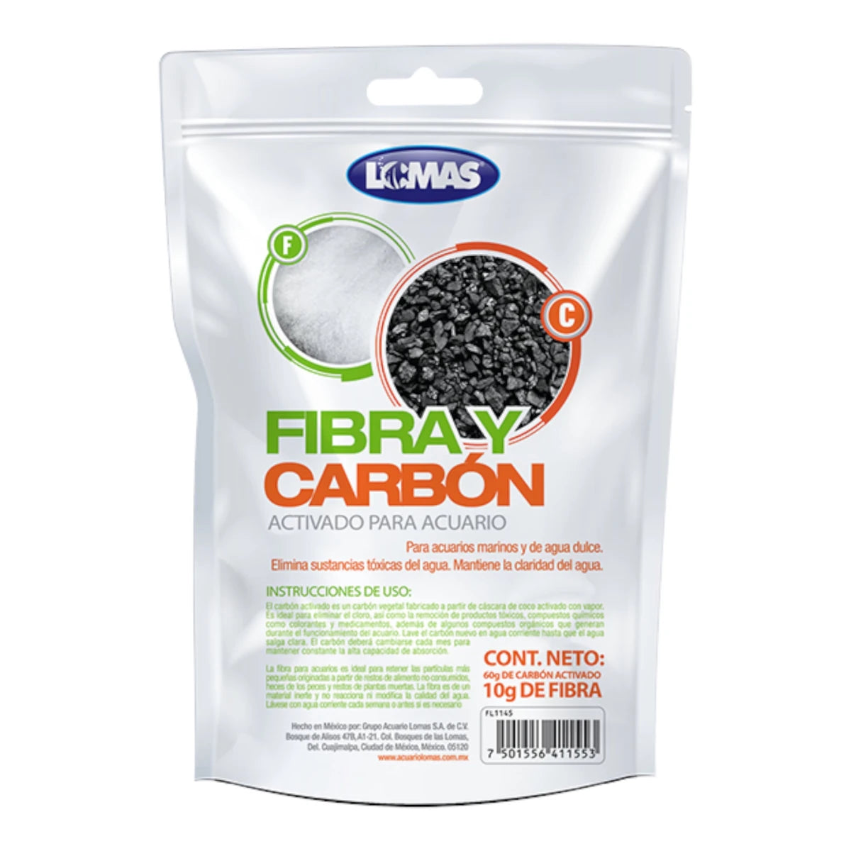 Paquete de fibra y carbón activado para acuario marca Lomas, contenido neto 60g de carbón y 10g de fibra.