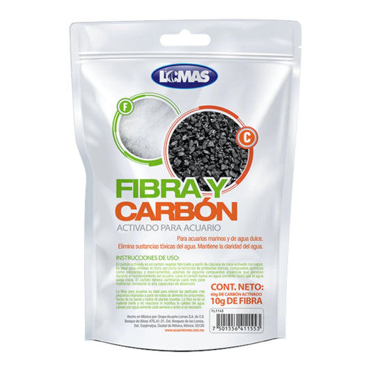 Paquete de fibra y carbón activado para acuario marca Lomas, contenido neto 60g de carbón y 10g de fibra.