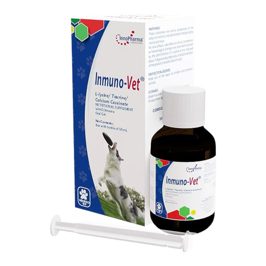 Caja de Inmuno-Vet Oral de 50 ml, suplemento nutricional con L-lisina y taurina para fortalecer el sistema inmune en gatos y perros.