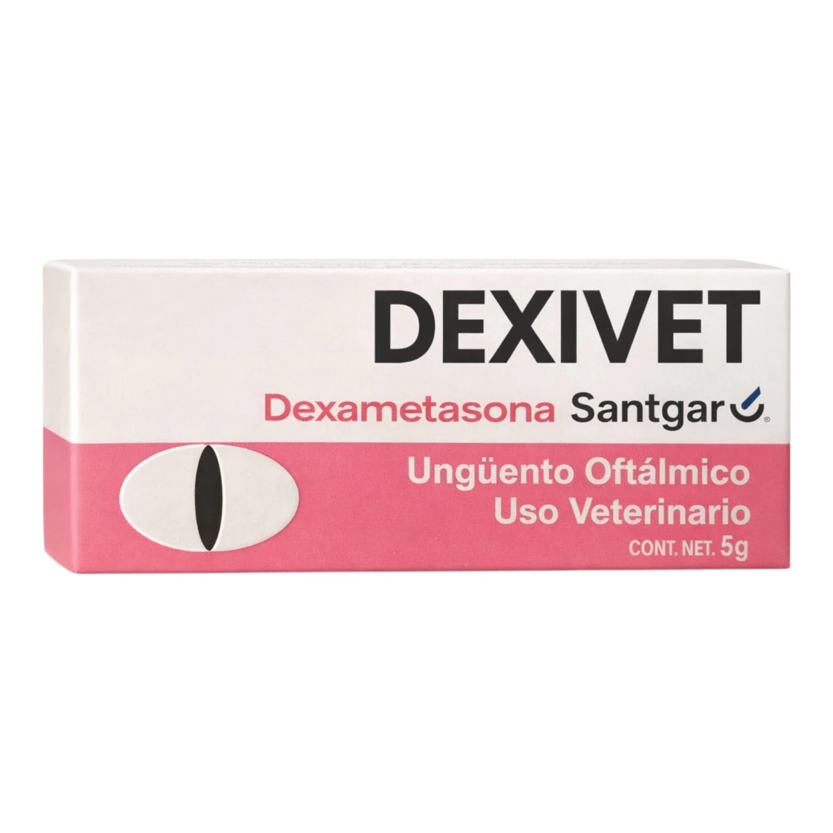 Caja de Dexivet ungüento oftálmico de 5g, tratamiento antiinflamatorio con dexametasona para ojos de perros, gatos y caballos.