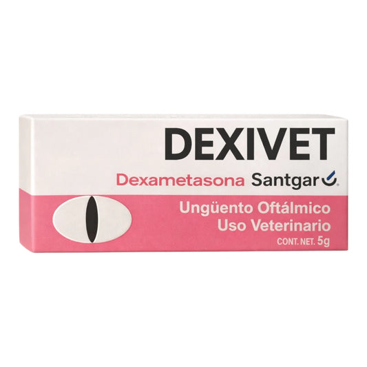 Caja de Dexivet ungüento oftálmico de 5g, tratamiento antiinflamatorio con dexametasona para ojos de perros, gatos y caballos.