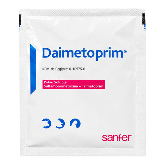 sobre de Daimetoprim 20g de Laboratorio  Sanfer, antimicrobiano oral para aves, cerdos y bovinos, utilizado para tratar infecciones respiratorias y digestivas.