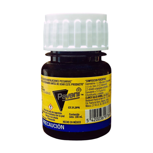Envase de Paveni insecticida-acaricida con cipermetrina 21.29 %, ideal para controlar moscas, pulgas, ácaros y cucarachas en instalaciones pecuarias.
