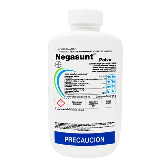 Envase de Negasunt Polvo, tratamiento en polvo cicatrizante y antiparasitario para heridas contaminadas en animales como perros, gatos y ganado.