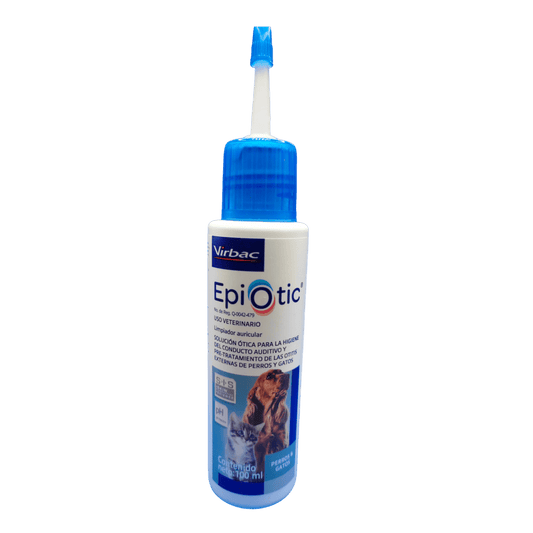 Envase de Epiotic, solución de limpieza para el cuidado auditivo en perros y gatos, presentación de 100 ml