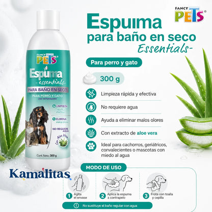 Infografía de espuma para baño en seco Fancy Pets Essentials 300 g para perros y gatos, con aloe vera, limpieza rápida, sin agua y sin enjuague.
