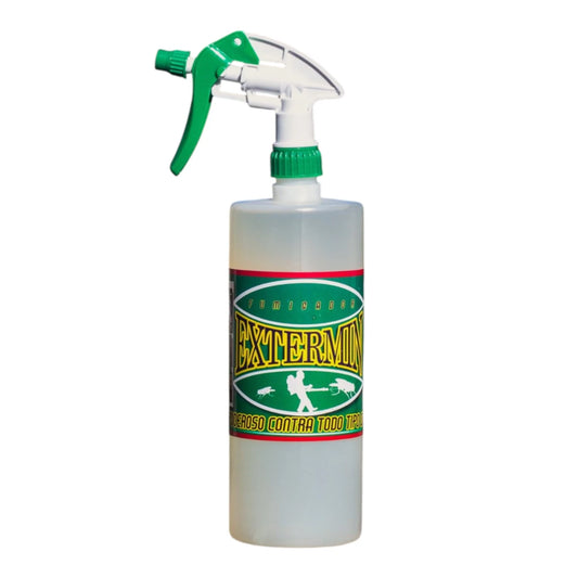Envase de Extermin Fumigador 1 litro con atomizador, producto no tóxico para el control de moscas con residual de hasta tres semanas.