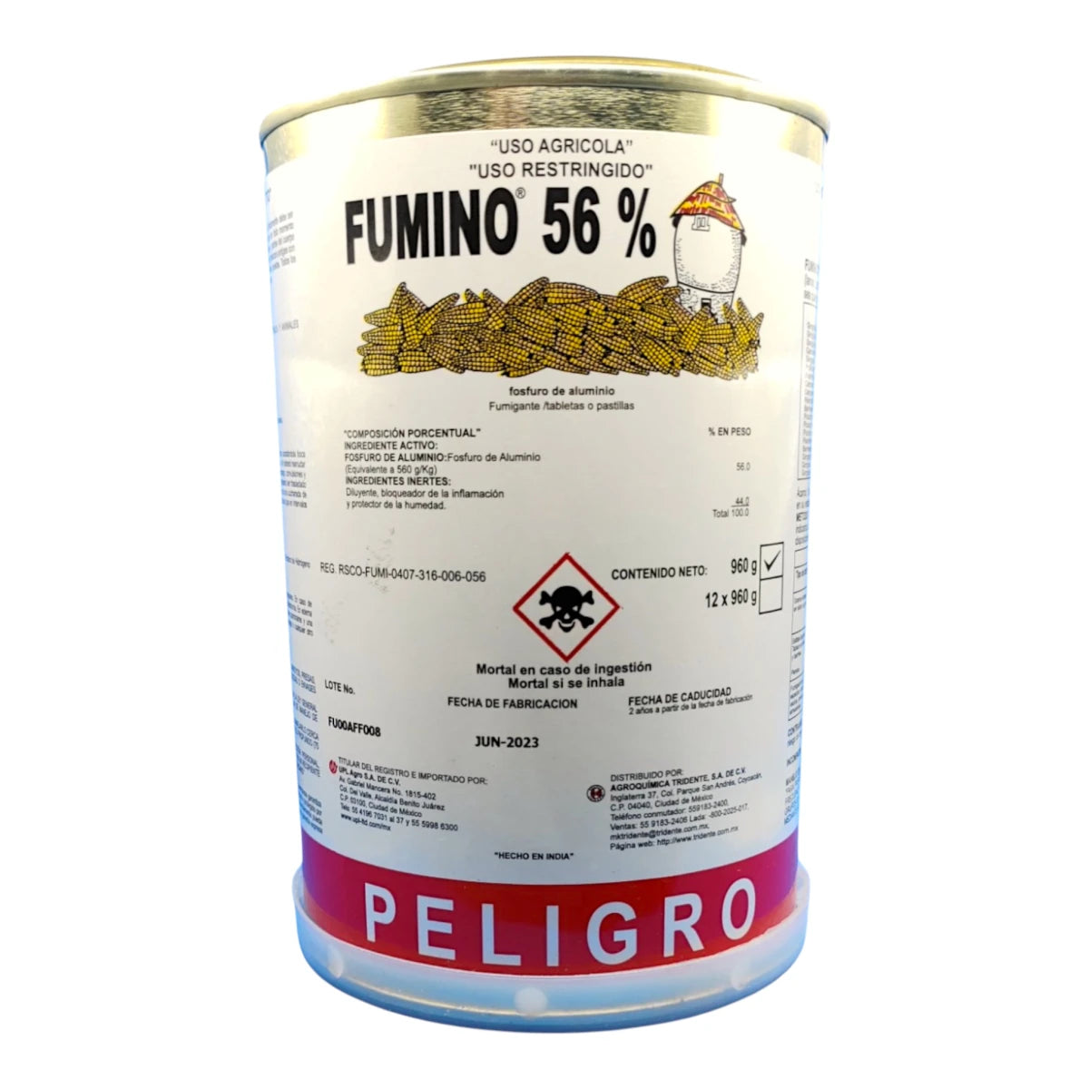 Lata de Fumino 56% de 960 g, fumigante de fosfuro de aluminio para protección de granos, semillas y productos almacenados.