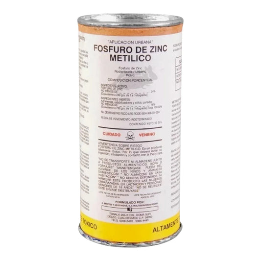 Envase de Fosfuro de Zinc Metílico de 50 g, rodenticida en polvo para eliminar ratas y ratones en zonas secas y puntos de tránsito.