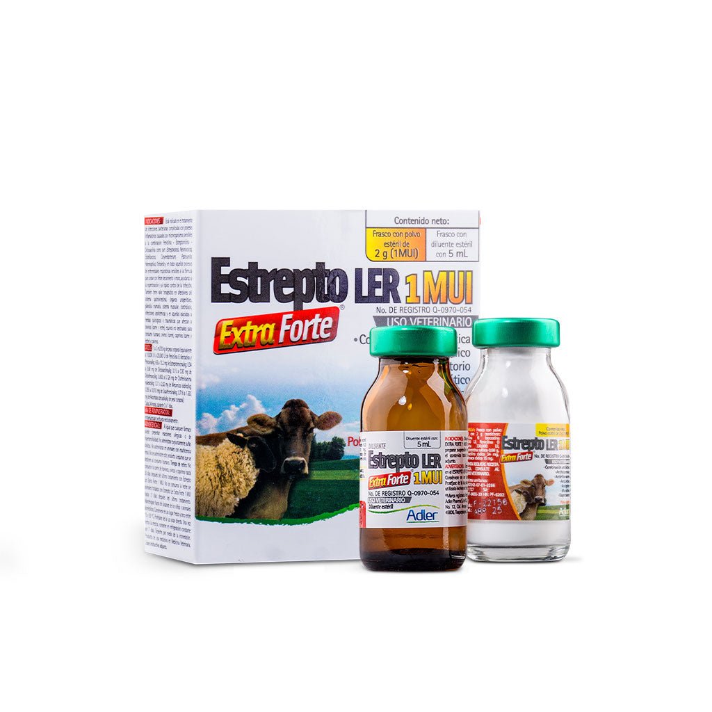 Frasco de Estrepto LER 1MUI 5ml, antibiótico inyectable con antiinflamatorio para perros, ovinos y caprinos